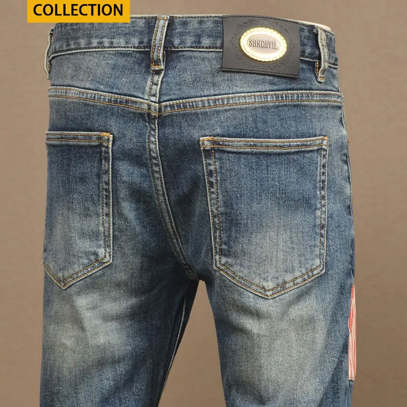 High Street Fashion Men Jeans Retro Blue Elastic Stretch Slim Fit Ripped Jeans Men Patched Designer Hip Hop Denim Pants Hombre