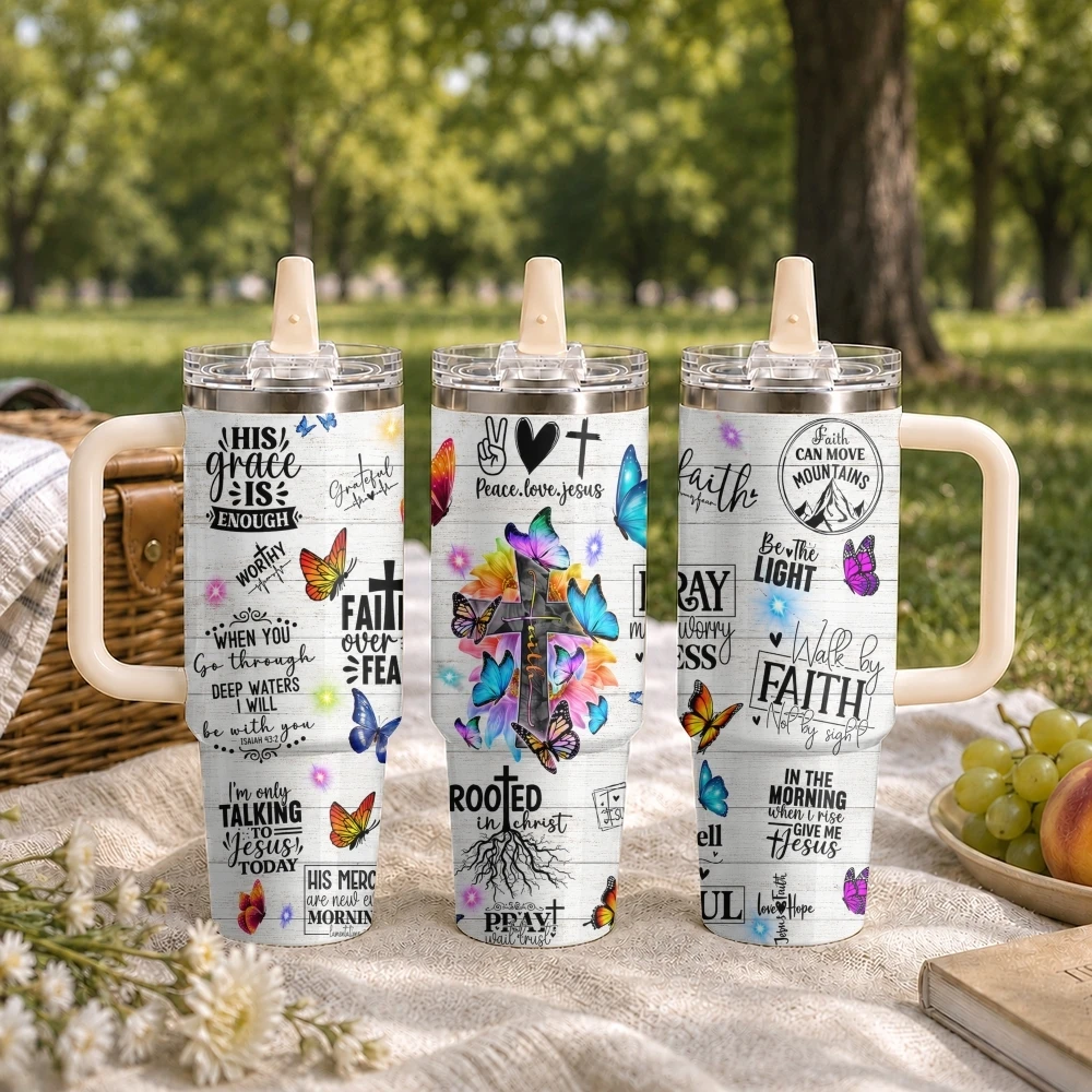 Christian Faith Affirmation Vacuum Flasks 40oz Stainless Steel Thermal Tumbler with Handle & Straw Leakproof Car Vacuum Mug