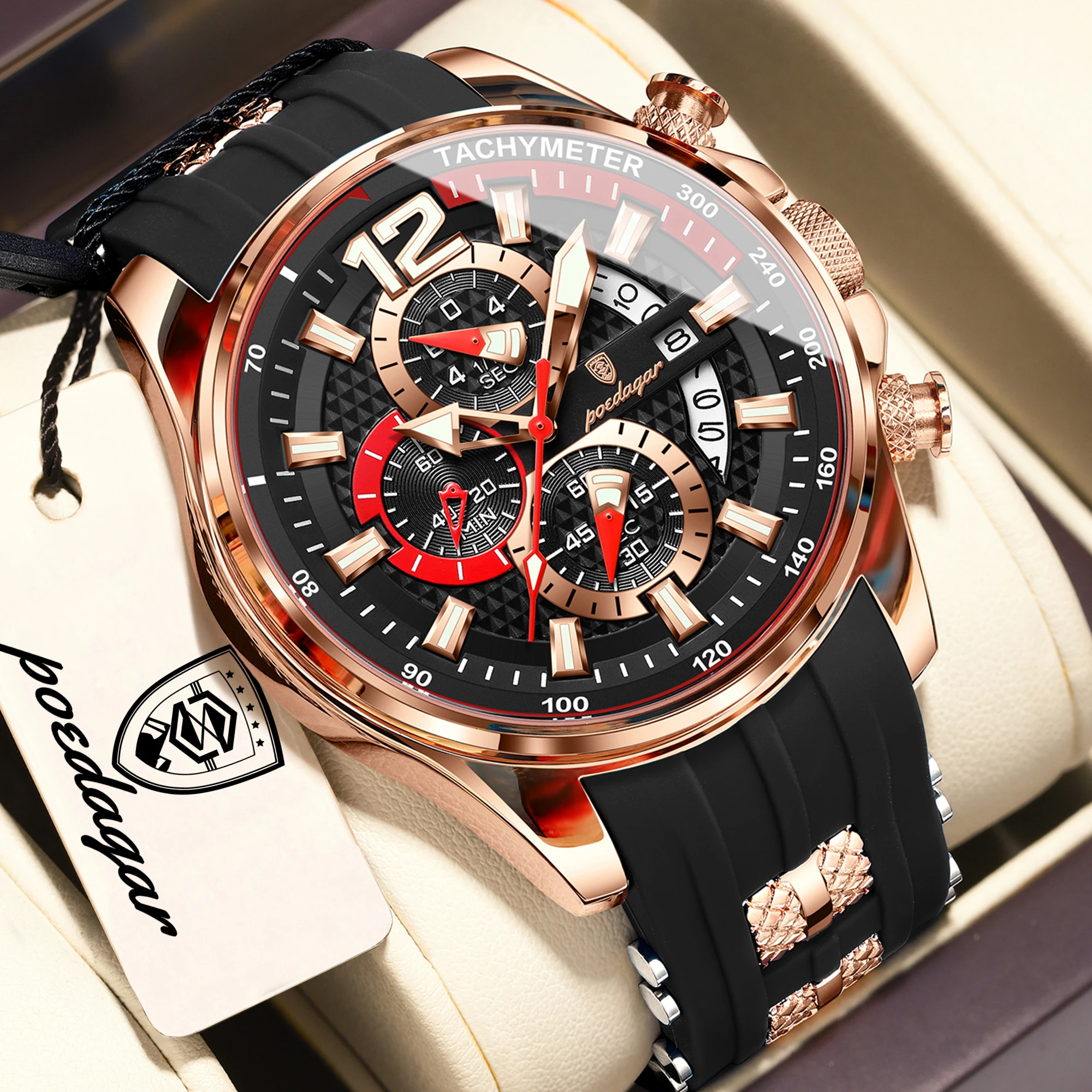 Reloj de Pulsera POEDAGAR para Hombre, Deportivo, con Cronógrafo, Fecha, Luminoso, Resistente al Agua, de Silicona, Casual, de Cuarzo