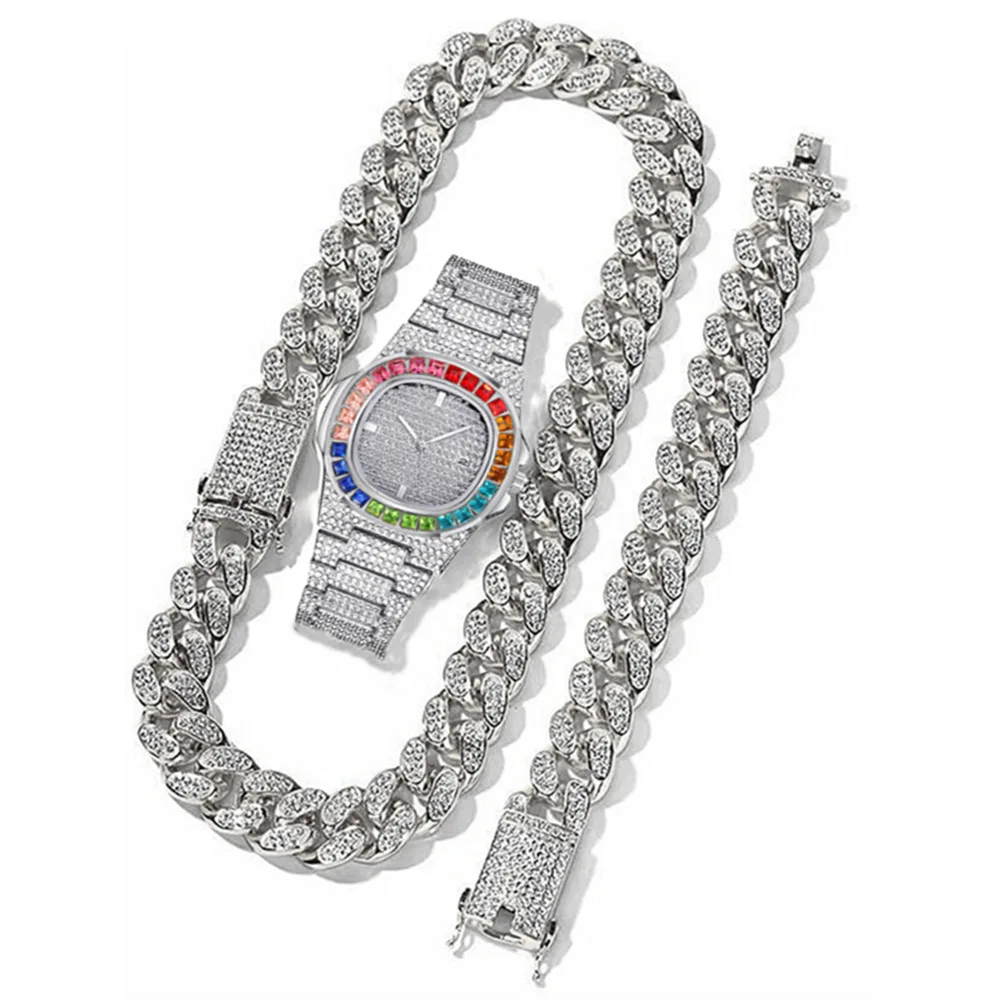 

New Trend Design Men's Iced Diamond Silica Quartz Luxury Jewelry and 2 Sets of Bracelet Watch Gifts
