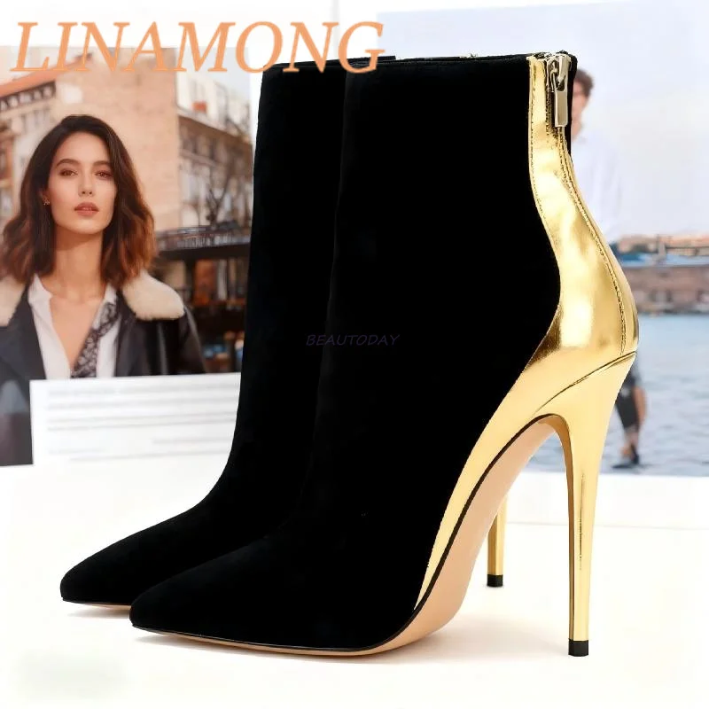 

Black Gold Patent Leather Color Blocked Short Boots Suede Toe and Pointed Back Zipper Design Slim High-Heeled Temperament Boots