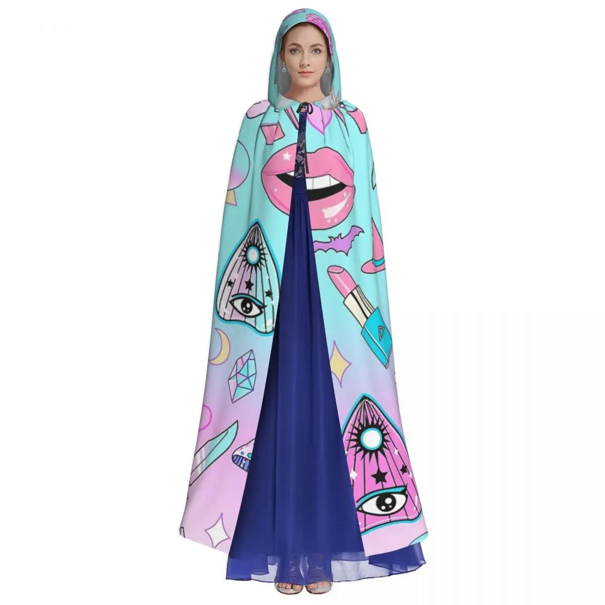 Girly Pastel Witch Goth Pattern Hooded Cloak Halloween Party Cosplay Woman Men Adult Long Witchcraft Robe Hood