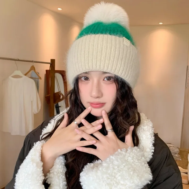 

Новые высококачественные шапки из кроличьей шерсти с контрастными вязаными пуловерами, женские зимние теплые универсальные милые плюшевые шапочки с помпоном