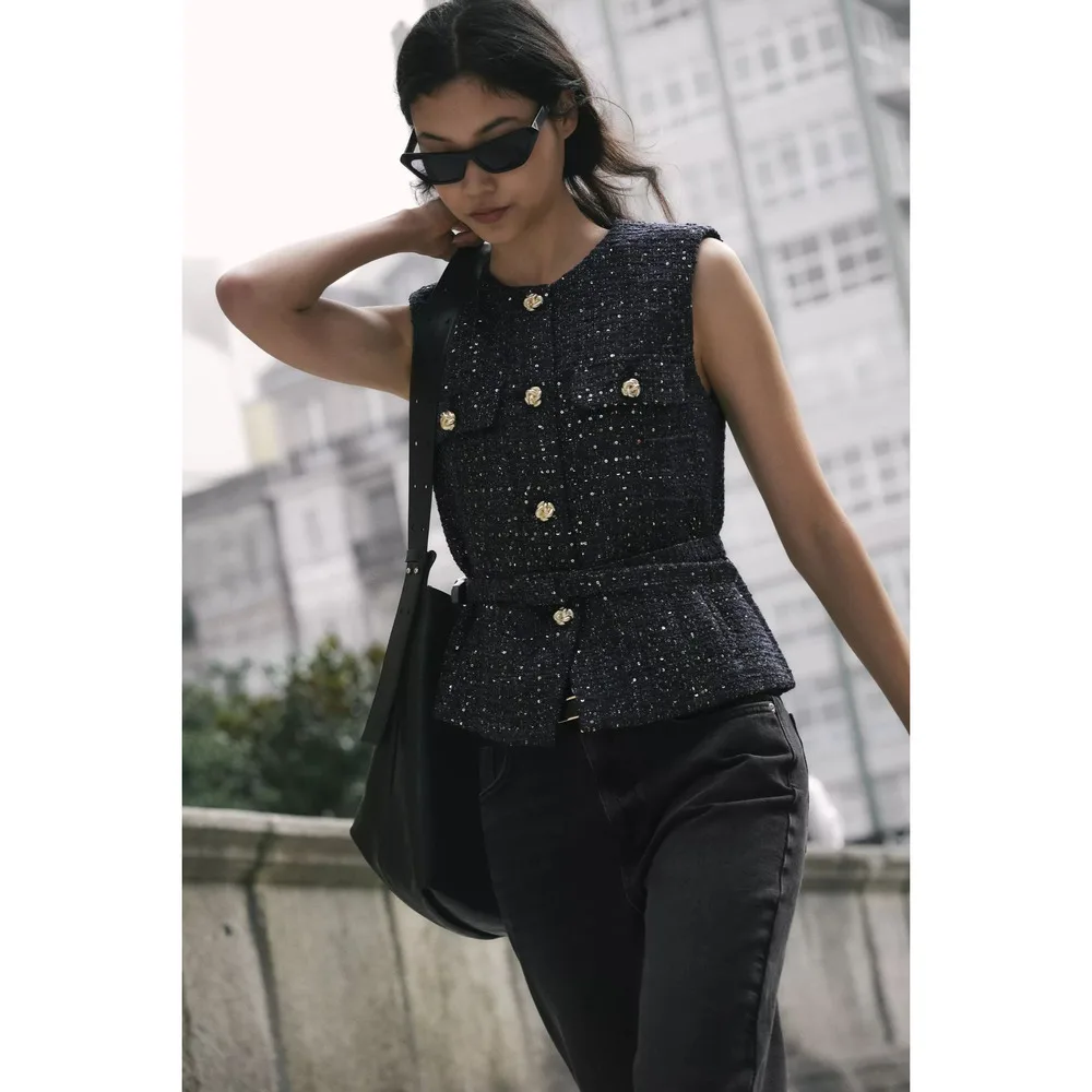 

Women's Chic Chaleco Mujer Vest Single Breasted Belt O Neck Sleeveless Vests Temperament Elegant Socialite Fashion Jacket Style