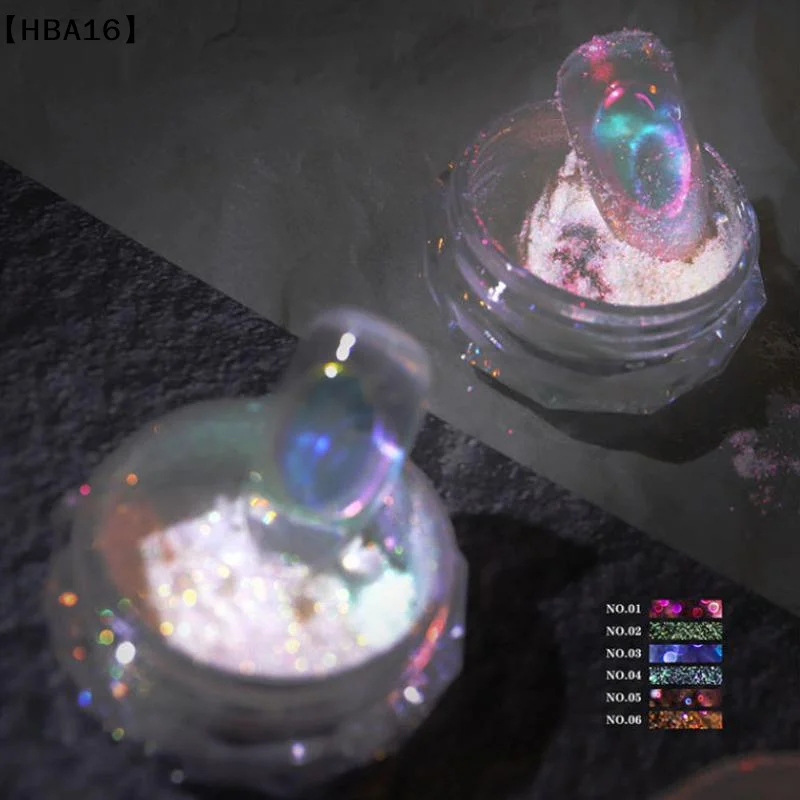 〔HBA16〕Nail Glitter Aurora Ice Transparent Laser Rainbow Mirror Gel Pigment Powder Chrome Nail Charm Gel Polish Art Supplies