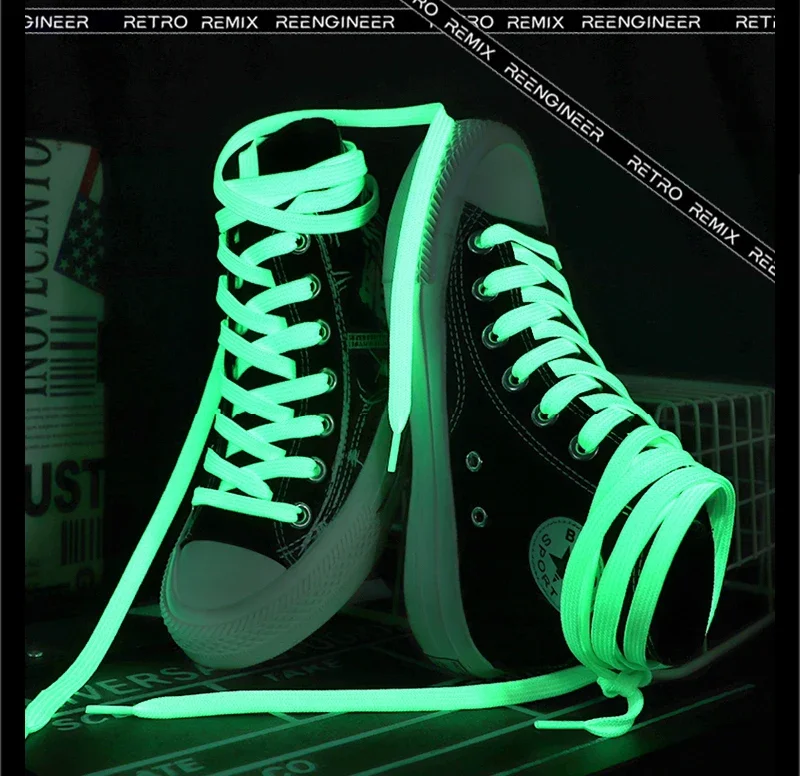 Neue leuchtende Schnürsenkel, Nachtleuchtende, flache Schnürsenkel und Schuhdekoration für Sneaker, Abschlussball, Party, Schuhe, Spitzenzubehör, 120/140 cm – Detail 5
