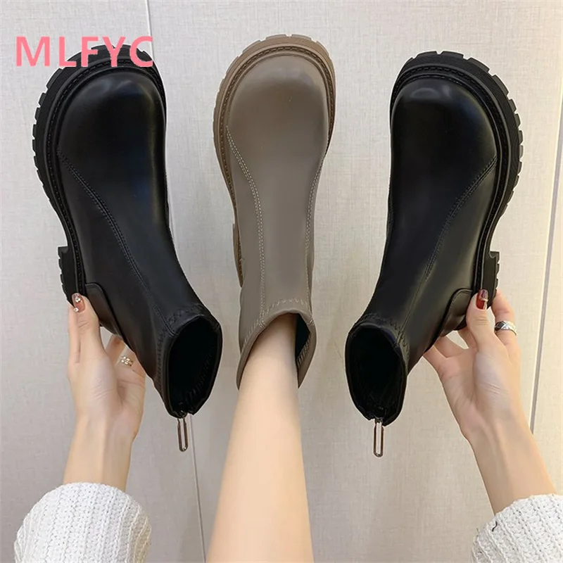 Women's Spring and Autumn Pinecake Thick Sole Short Boots Versatile Medium Sleeve Single Boots Casual PU mujer Boots