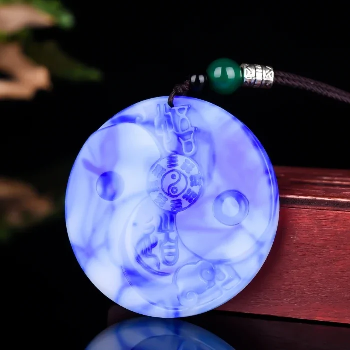 

Chinese Blue and white jade Bagua Pendant Necklace Charm Jewellery Fashion Accessories Hand-Carved Man Woman Luck Amulet New