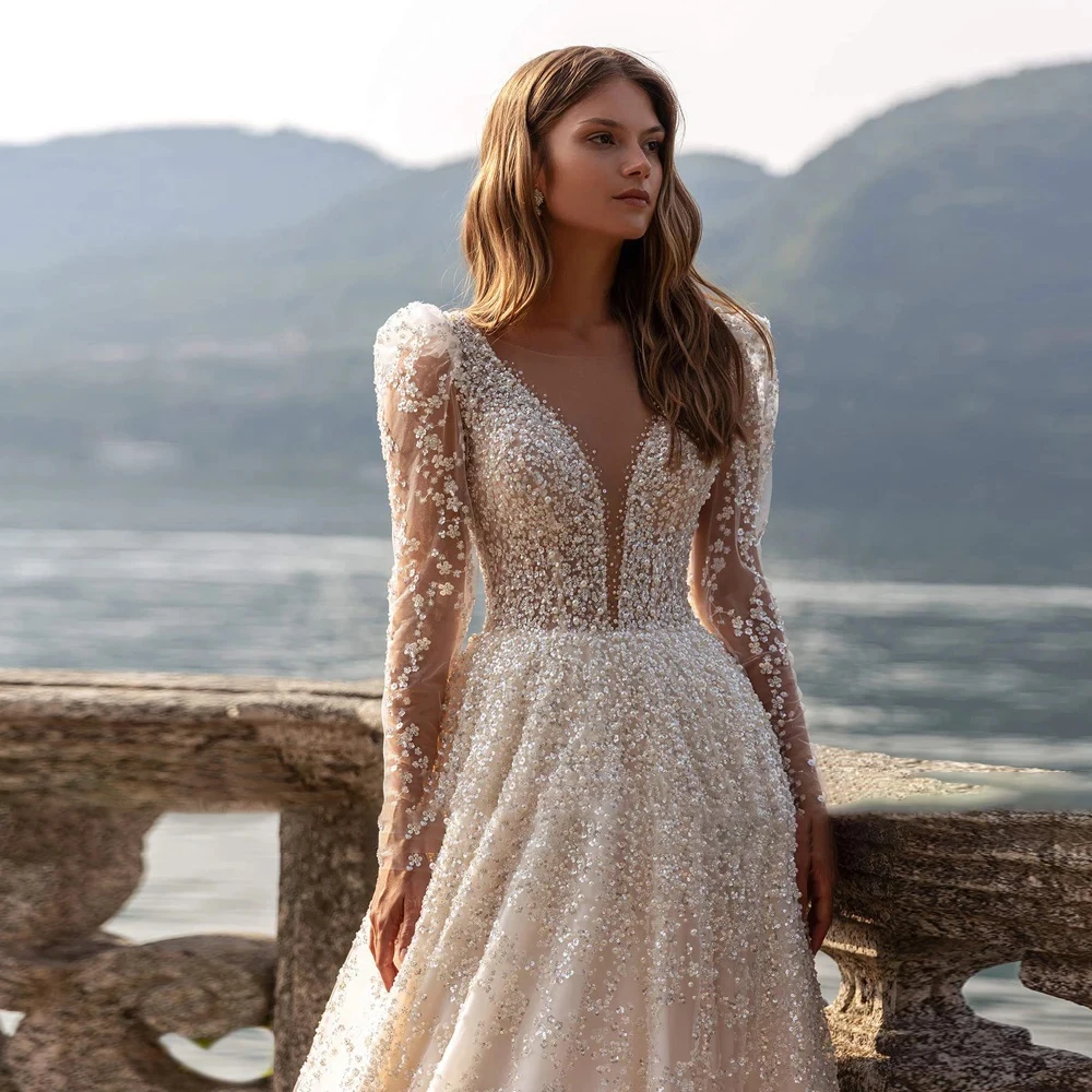 Elegant A Line Boho Bridal Gown For Women V Neck Long Sleeve  Lace Appliques Wedding Dress Tailor Made  Princess Dresses