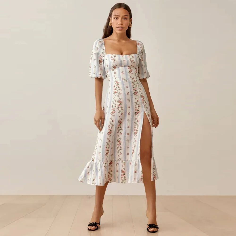 Flower Print Sexy Dress For Women 2023 High Split Elegant Off Shoulder Long Dresses Backless Summer Dress Vestidos