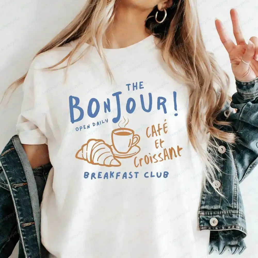 Women's Bonjour Cafe Et Croissant T-Shirt Breakfast Club French Graphic Cotton Tshirt Summer Aesthetic Parisian Food Lover Tops