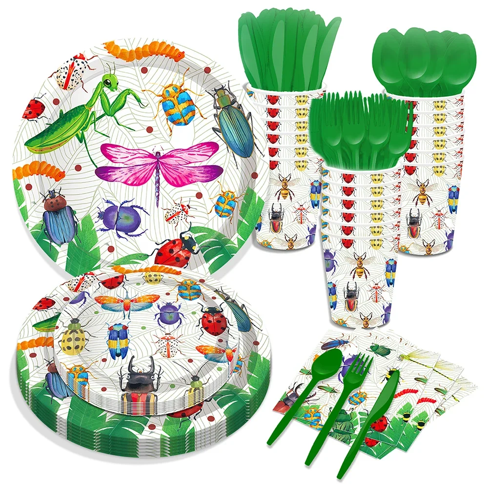 การ์ตูนสัตว์ฤดูใบไม้ผลิแมลง Dragonfly วันเกิด Disposable Tableware ชุดแบนเนอร์ Jungle Baby Shower Party ตกแต่ง