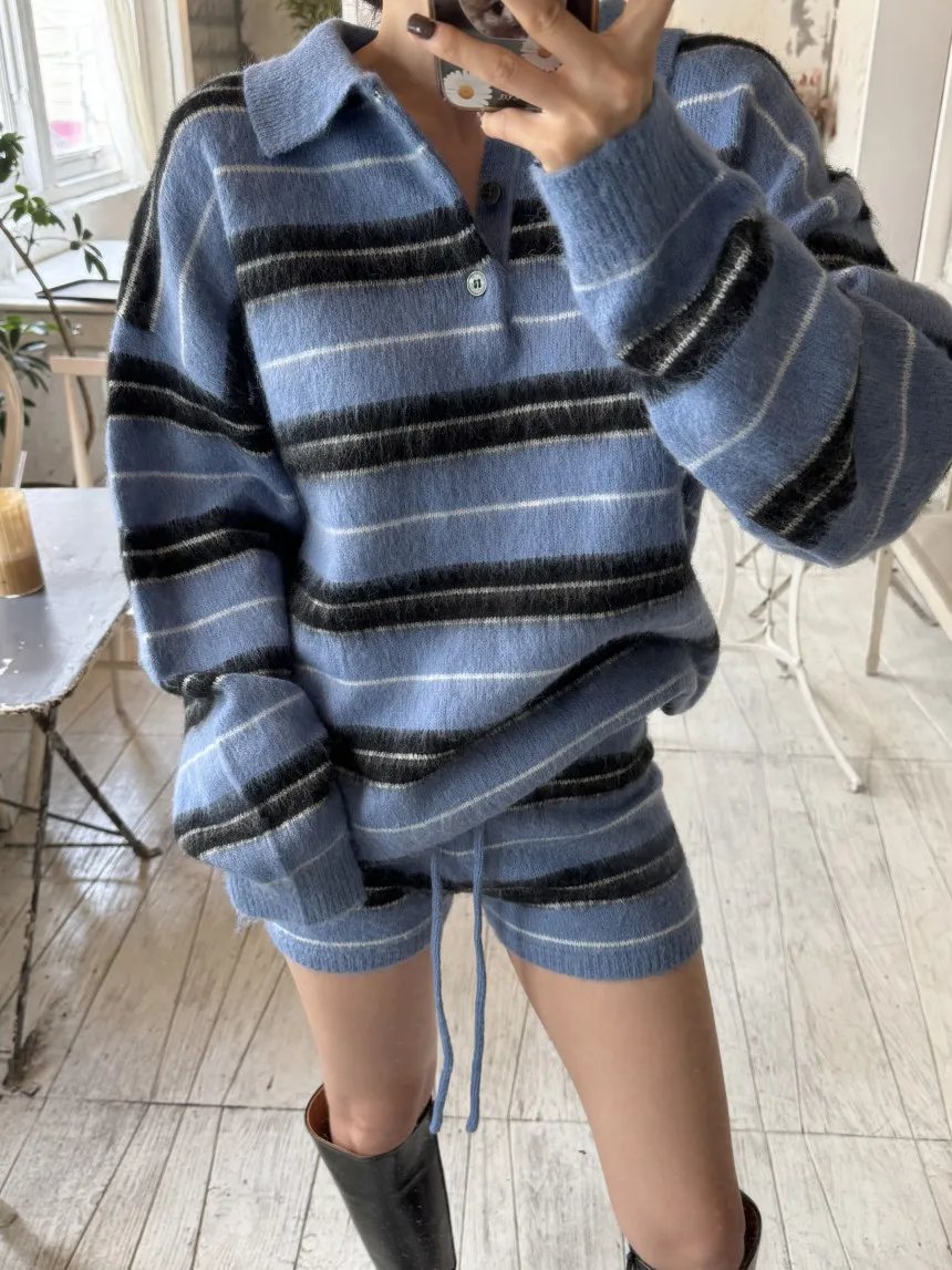 Pantaloncini lavorati a maglia in due pezzi autunno inverno da donna Set maglione ampio a maniche lunghe con colletto rovesciato + maglione con coulisse in vita