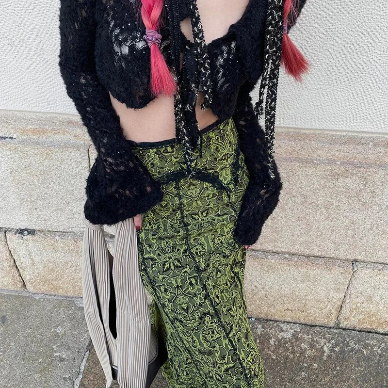 Smvp-Jupe Longue Trompent en Dentelle pour Femme, Imprimé Vintage, Esthétique, Élégante, Sirène, Nouvelle Collection Automne Hiver 2024