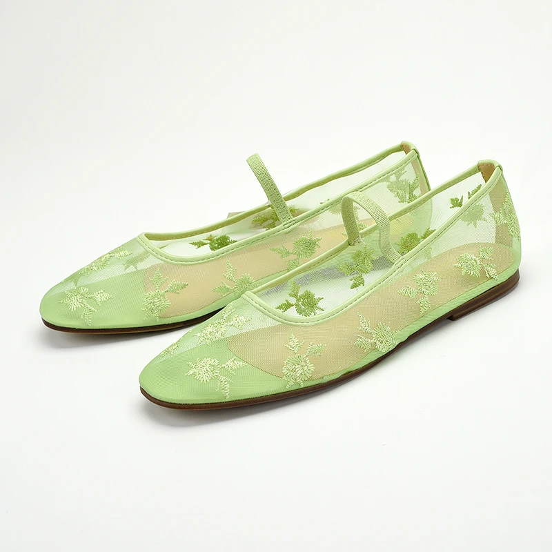 Green Embroidered Mesh Ballet Flats for Women Square Toe Elastic Band Slip on Mary Janes Shoes Ladies Casual Soft Summer Loafers
