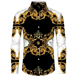 2024 Men's Gold Printed Long Sleeve Shirt Men's Casual All-match Fashion Street Men's Shirt Lapel Single-breasted Long Sleeve