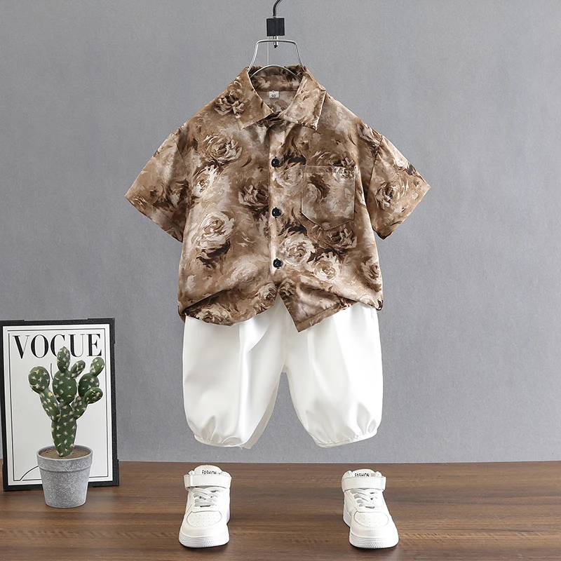 New Childrens Set Boys Fashion Printed Short sleeved Shirt Casual Versatile Shorts Combination Personalized Street Clothing Tide