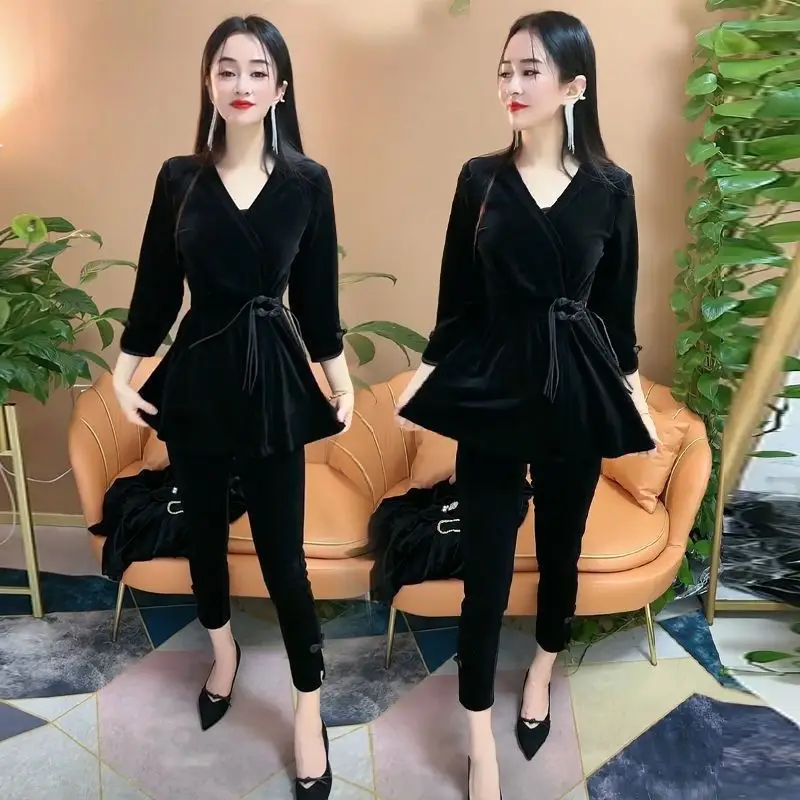 Spring Autumn New Canary Velvet Fashion Suit Slim Cut Look Slimmer Dial Buckle Cardigan Thin Pants 2 Piece Sets Womens Outfits