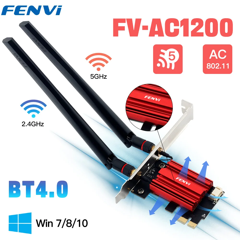 FENVI AC1200 WiFi 5 PCIE WiFi Adapter BT4.0 Wireless Network Card Dual Band 2.4Ghz/5GHz 802.11AC For Desktop PC Windows 7/10/11