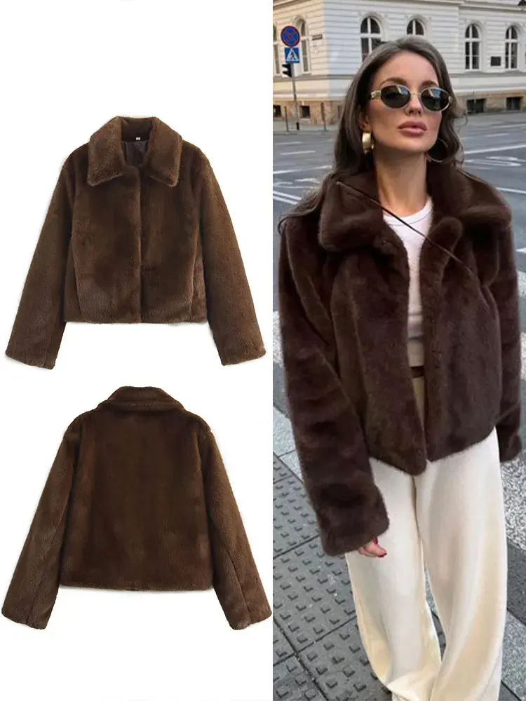 

Осень-зима, новое винтажное женское пальто из искусственного меха, однотонные женские куртки с лацканами и длинными рукавами и карманами, уличная женская верхняя одежда, пальто