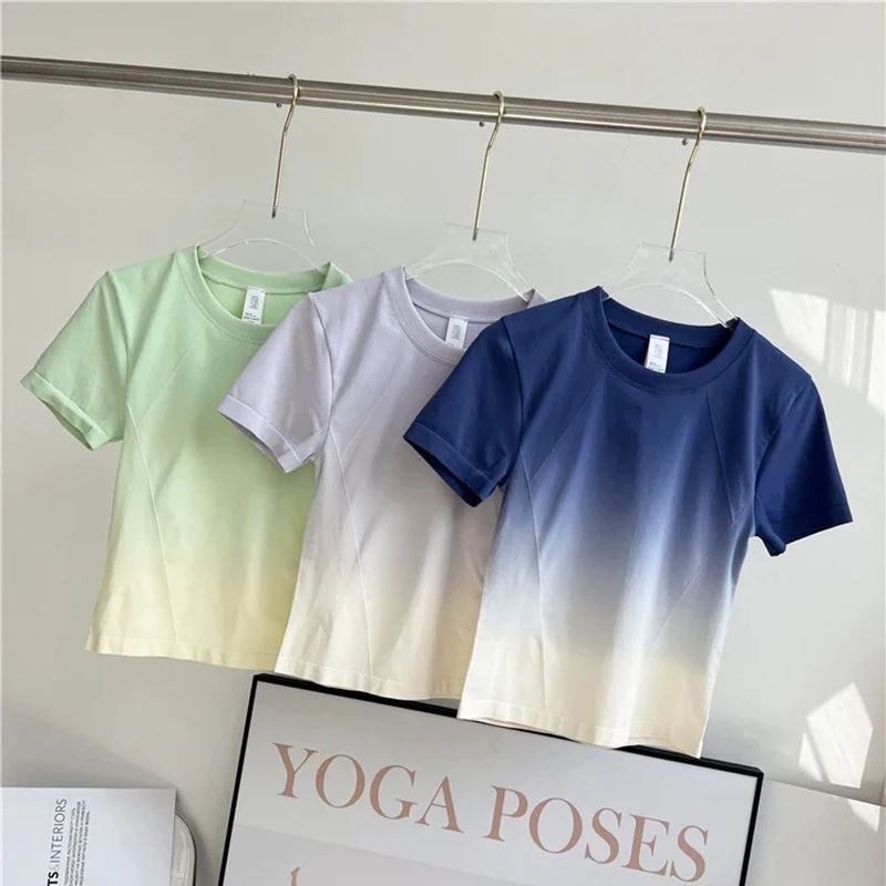 Damen-Yoga-T-Shirt mit Farbverlauf, dünn, kurzärmelig, elastisch, bequem, atmungsaktiv, Fitness, Fitnessstudio, Workout, Tanktop für alle Jahreszeiten