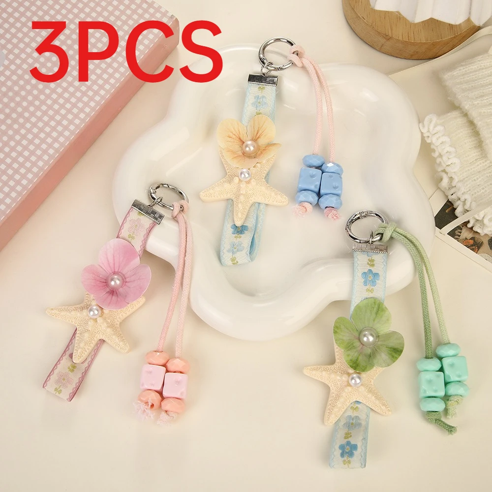 3Pcs Sweet Fresh Summer Beach Charms Starfish Artificial Phalaenopsis Pearl Pendants Keychain Bag Phone Chain Decor Ornaments