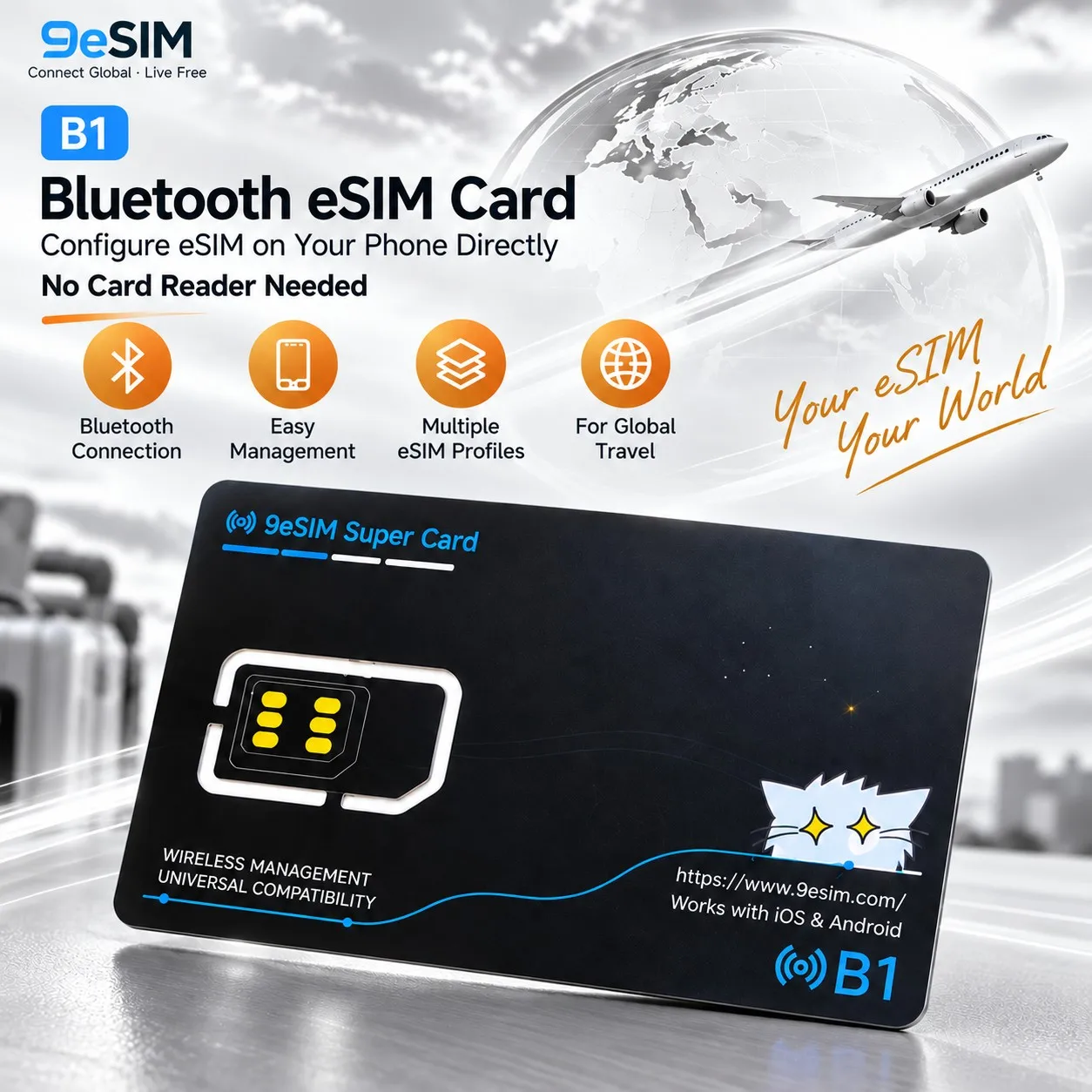 9eSIM B1 Bluetooth Physical ESIM Card for iOS Android HarmonyOS, Multi-Profile Management, No External Card Reader Needed