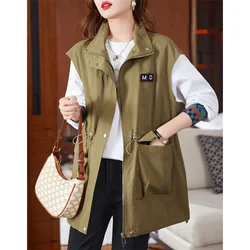 Korean Female Large Size 4XL Waistcoat Outwear Middle Aged Mother Zipper Waistcoat Coat Autumn Ladies Draw Rope Sleeveless Tops