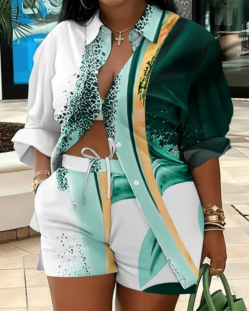 

Повседневная рубашка с коротким рукавом и шорты, комплект офисных женщин, летние топы с геометрическим принтом, брюки на шнуровке, комплект из двух предметов, женская одежда 2025 Mujer