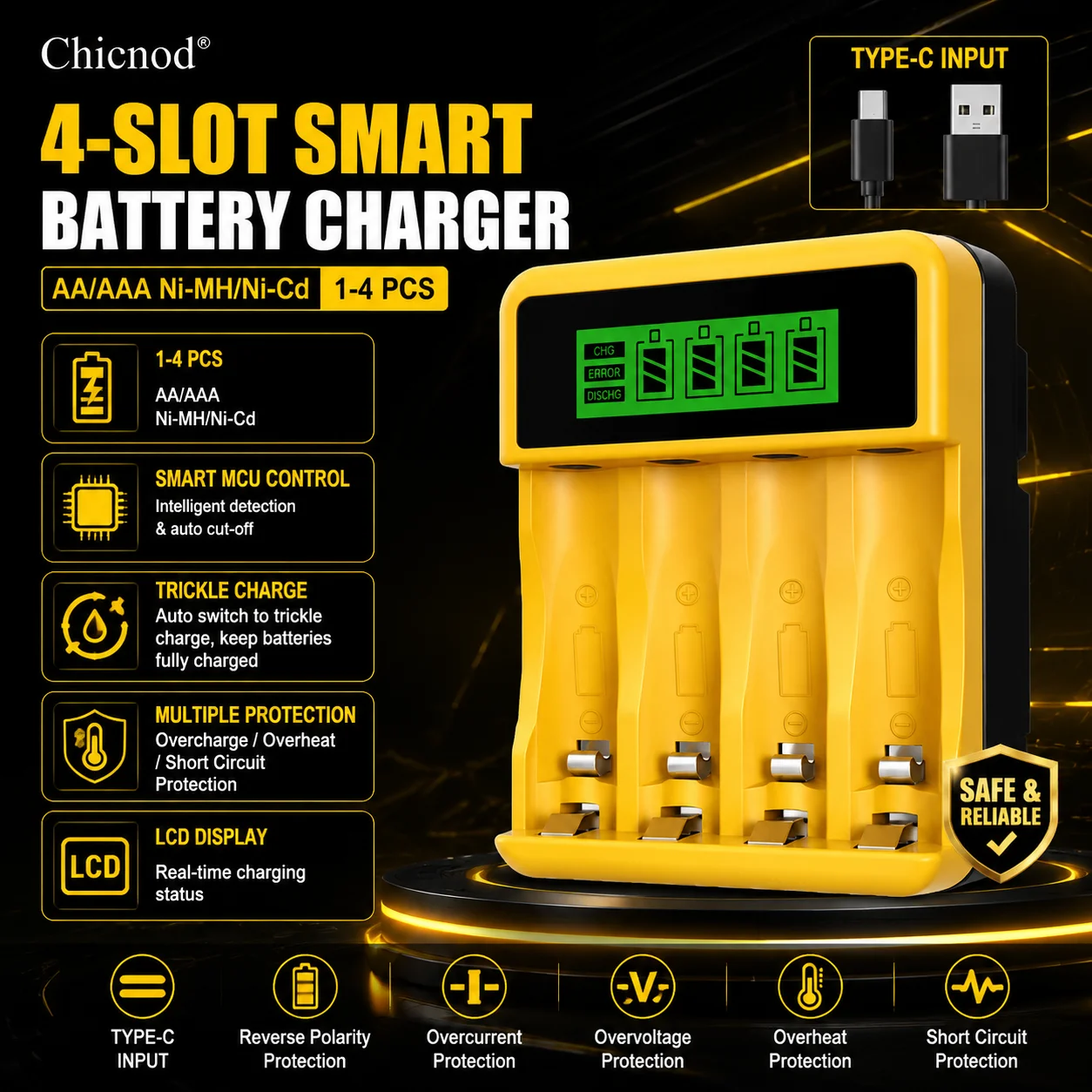 Chicnod LCD012 AA AAA Battery Charger Ni-MH Ni-Cd Rechargeable Battery Charger 4 Slot LCD Display USB Type-C Smart Charger