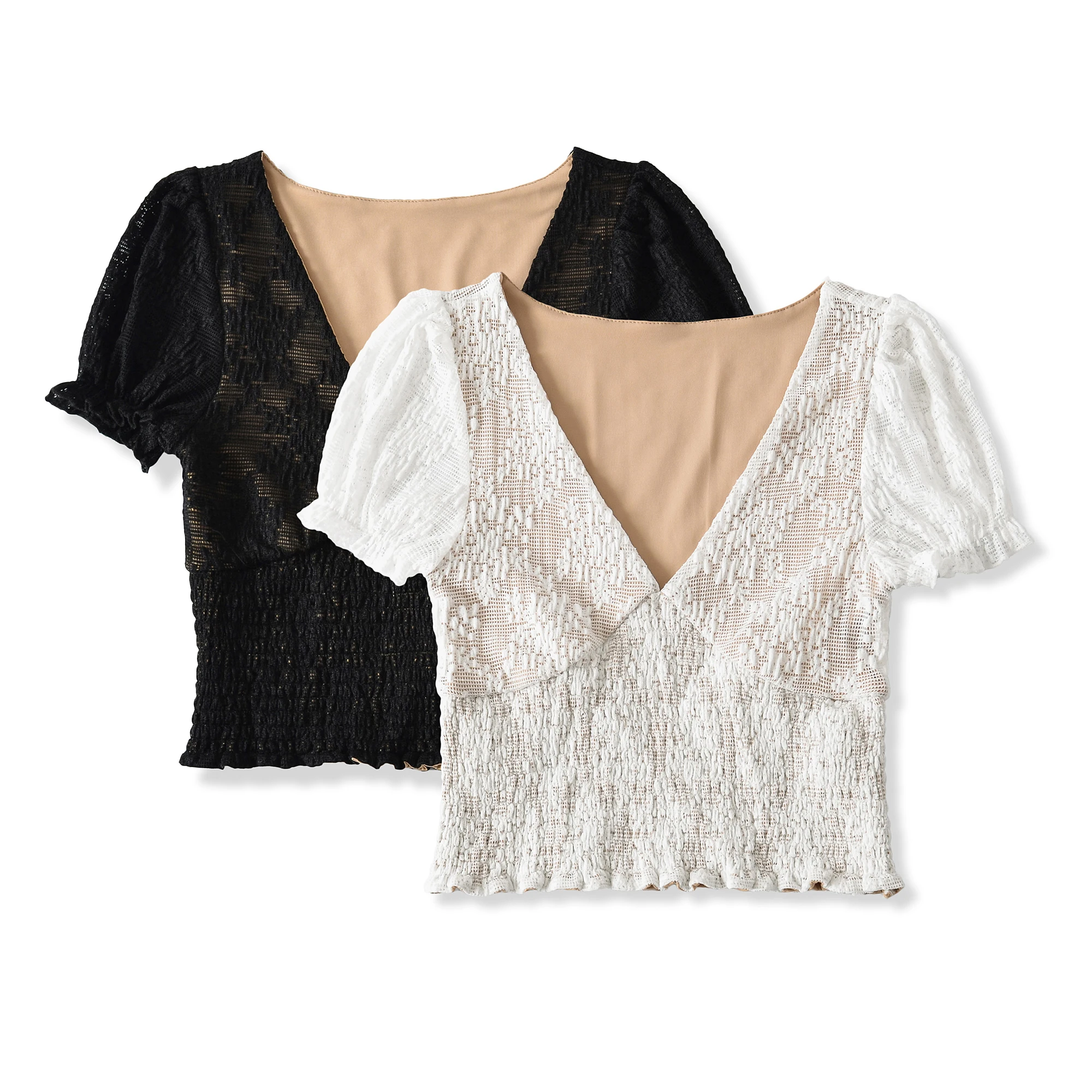 Sexy V Neck Perspective Lace Short Puff Sleeve Tee Elastic Hem Crop Top + Low Waist Knee Length A-Lined Skirt 2 pieces 1 set