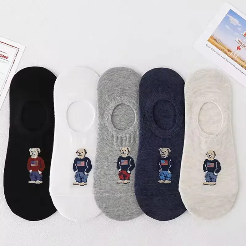 Summer 5 Pairs 1 Set Fashion Men's Cartoon Bear Autumn Socks Non Slip Transparent Comfortable Silicone Cotton Ankle Slippers