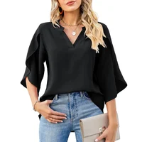 Women Summer Style Chiffon Blouses Shirts Lady Casual Short Flare Sleeve V-Neck Loose Blouse Tops 3