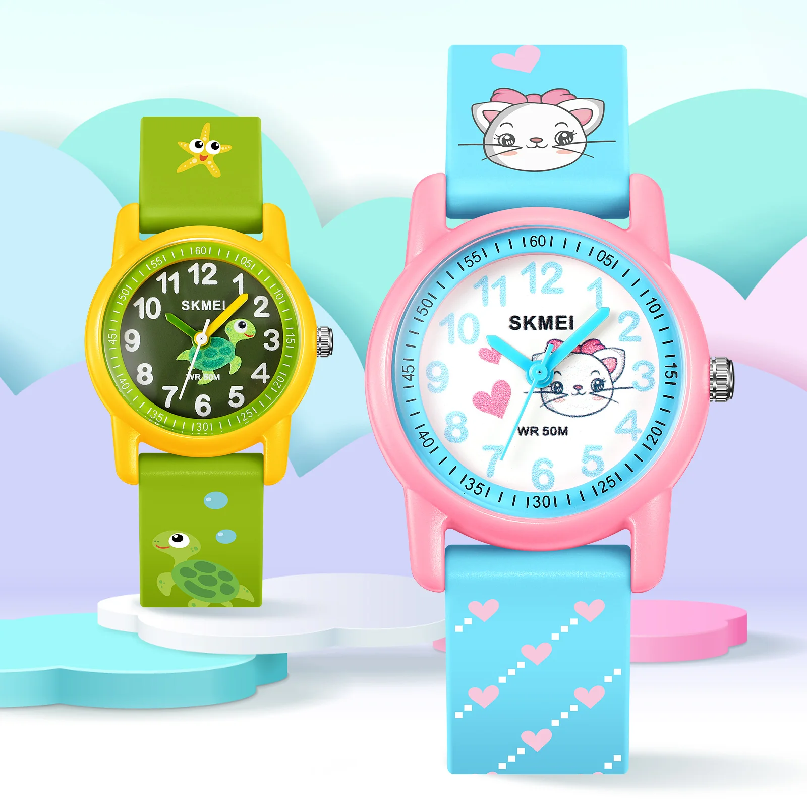 SKMEI Lovely Cartoon Style Quartz Watch Children Fashion Colorful Macaron TPU Band Watches Boy Girl Ultra-Thin Small Dial Clock