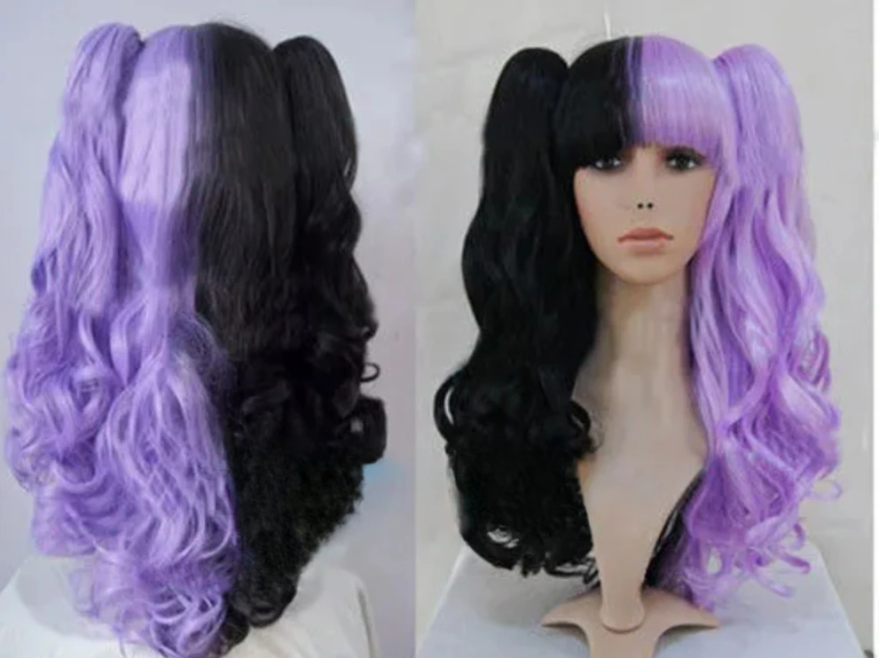 free shipping New Cosplay Lolita Split Type Purple Mixed Black Curly Heat Resistant Wig