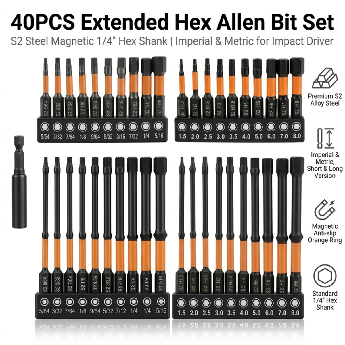 41Pcs Hex Allen Wrench Drill Bit Set S2 Steel Metric Imperial Magnetic Screwdriver Bits 1/4 Shank With Extension Rod Hand Tools