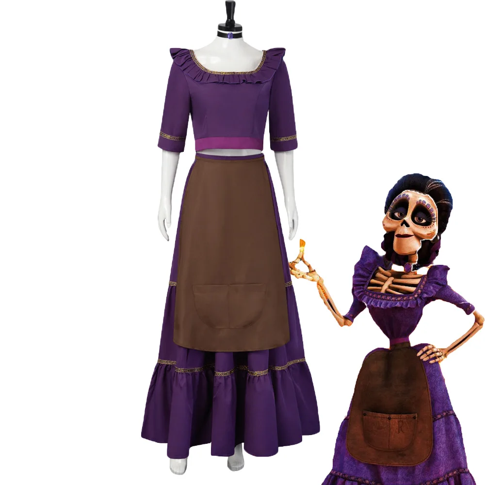 Disfraz de Anime Mamá Imelda para mujer adulta, Top morado con cuello cuadrado y falda y delantal, ropa para fiesta de Halloween