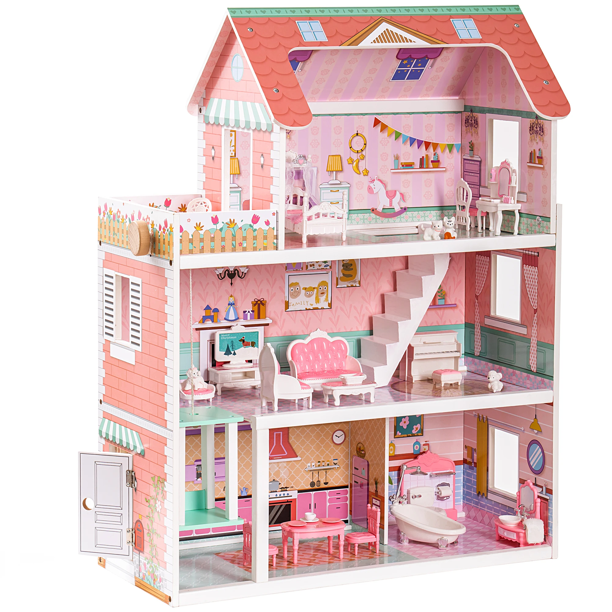 ROBUD Wooden Dolls House Girls Toys, Dollhouse With Elevator & Furniture, 3-Story 15 Pieces Accessories Toy House for Kids Age 3+, Doll House Gift for 3+ Year Old Girls