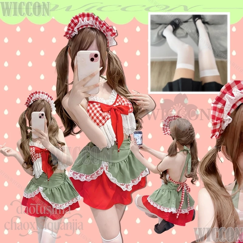 

Anime Original Design Cute Strawberry Sexy Halter Short Skirt Two-Piece Christmas Cosplay Costume Navidad Girls Party Lolita