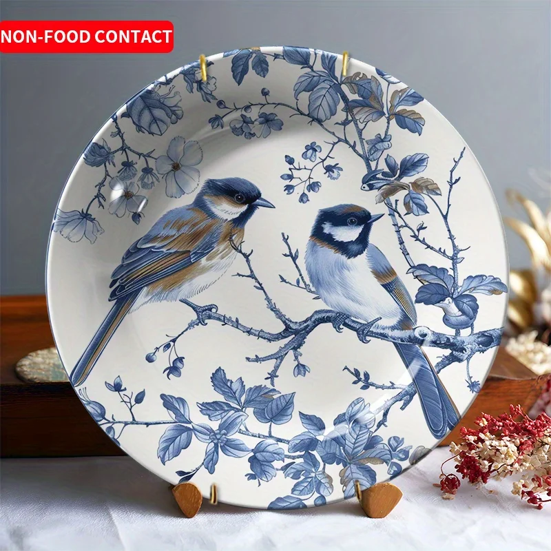 1 Elegant Ceramic Decorative Plate - Hand-Painted Two Birds on a Branch with Blue Floral Accents - Non-Food Contact Decorative