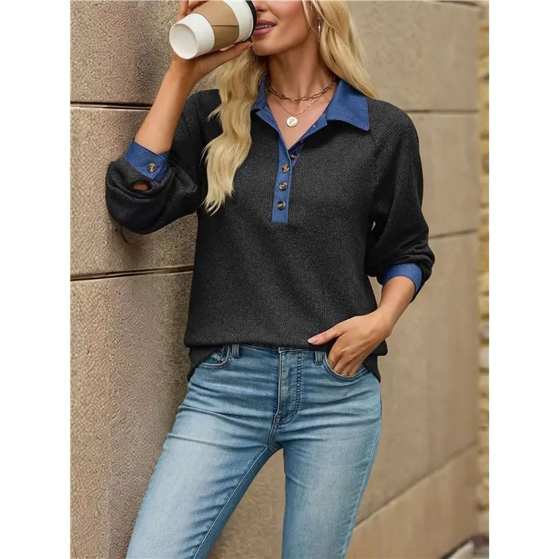 Women's Denim Contrast Collar Raglan Loose Long Sleeve Quarter Button Knit Top Black XL Eco-Friendly