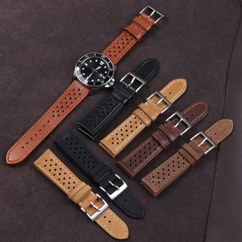빈티지 정품 가죽 스트랩 남성 여성 18mm 20mm 22mm 유니버설 소 가죽 시계 밴드 통기성 팔찌 스포츠 손목 벨트 액세서리