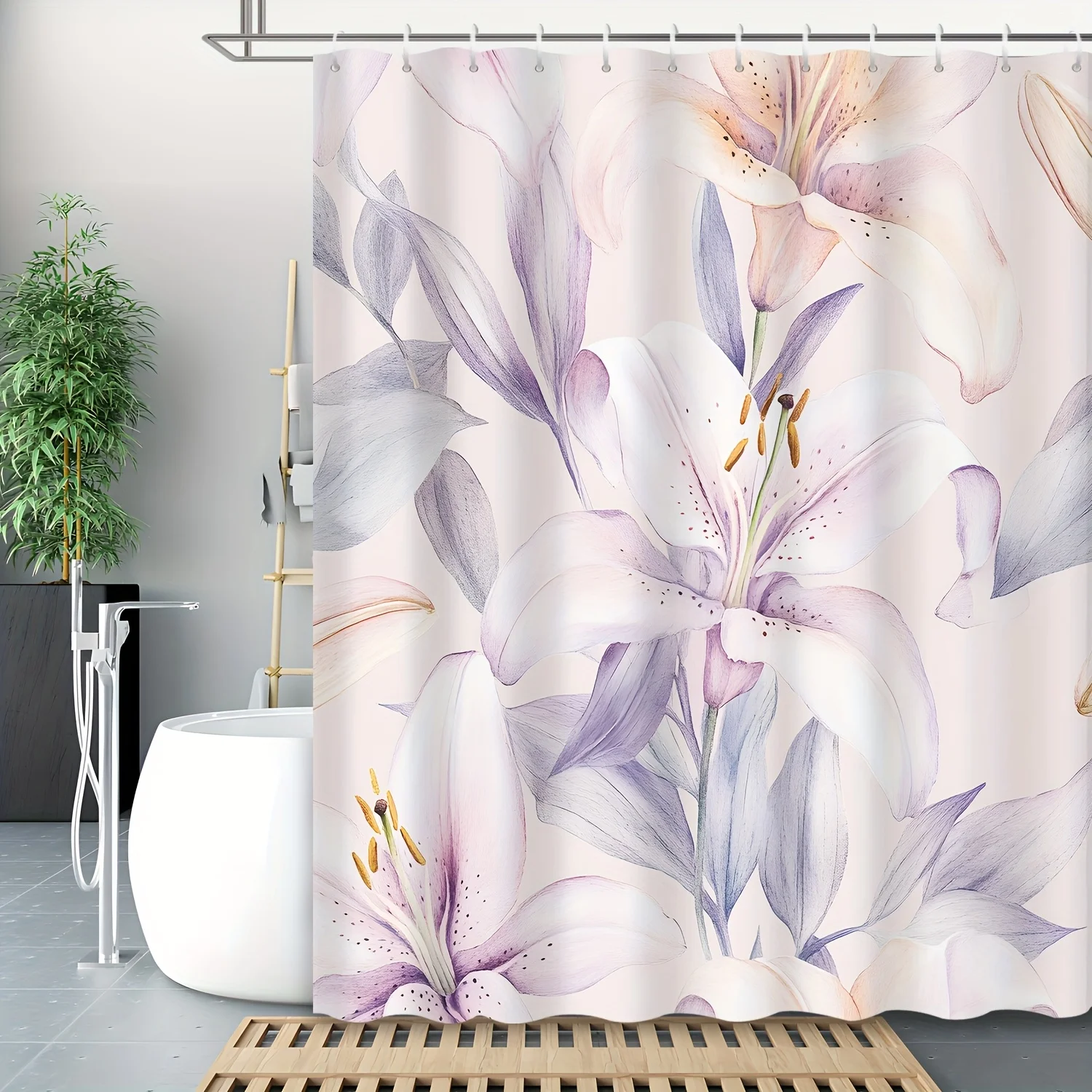 

1 шт. элегантная розовая занавеска для душа с цветочным принтом лилии, в комплект входит 12 крючков, декор для ванной комнаты, аксессуары для ванной комнаты, украшение для дома