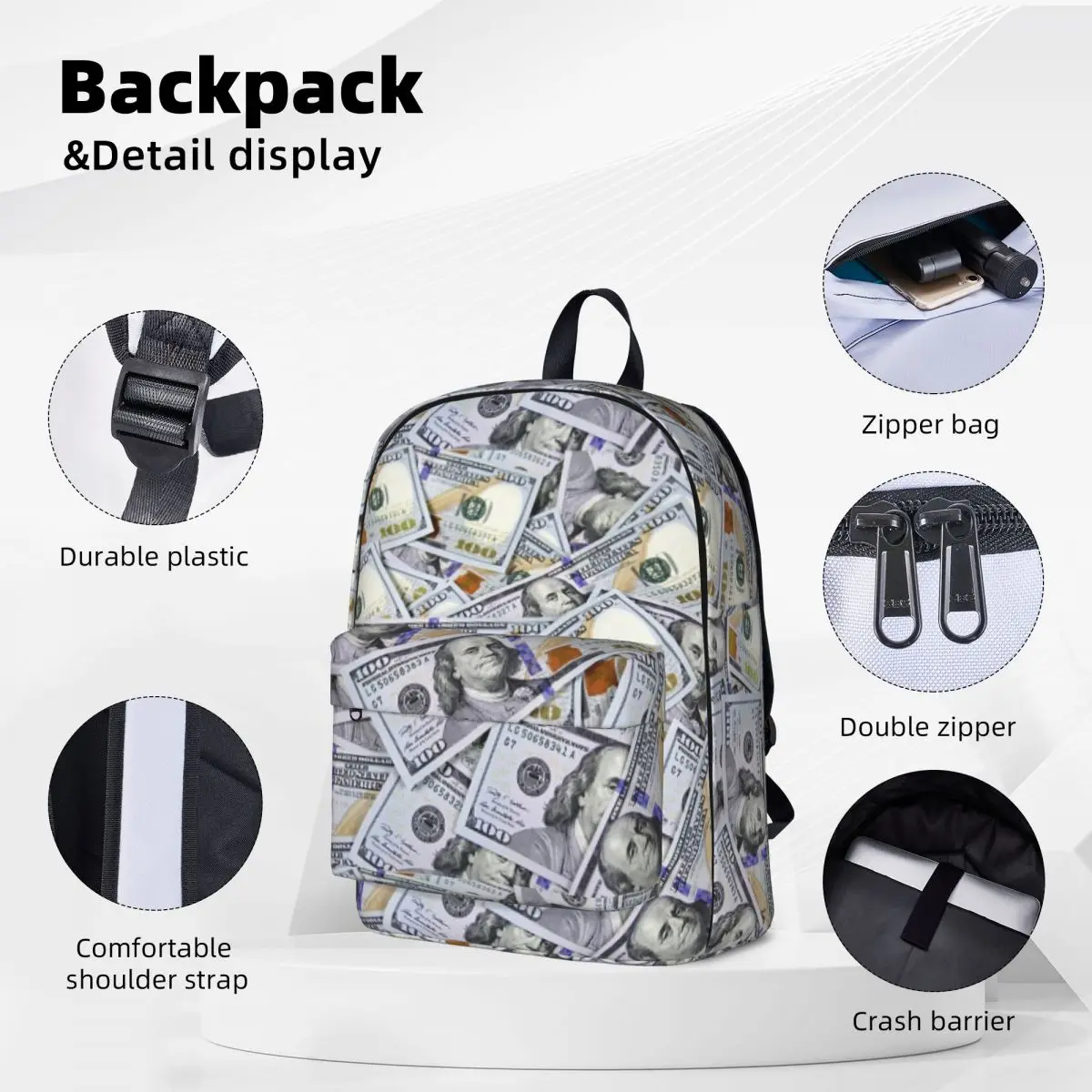 One Hundred Dollar Bills Backpacks Student Book bag Shoulder Bag Laptop Rucksack Waterproof Travel Rucksack Children School Bag