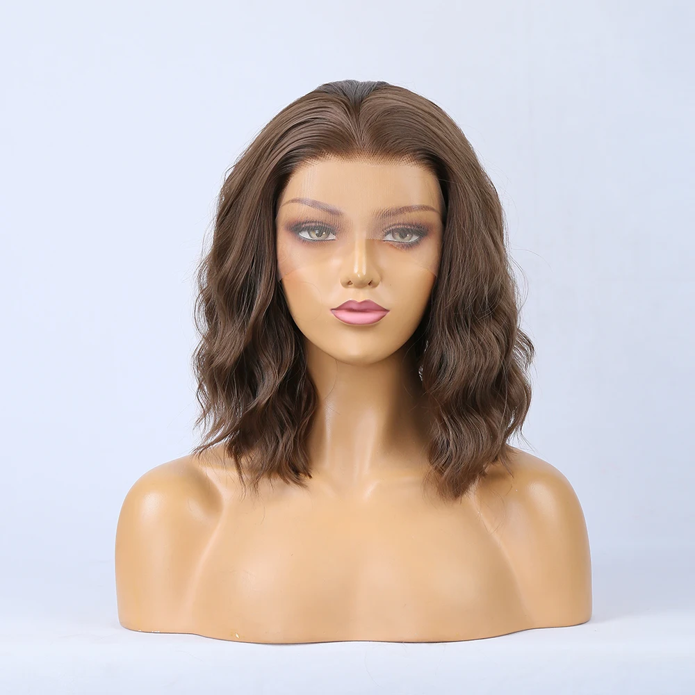 RONGDUOYI Brown Wave Short Bob Wig Synthetic Lace Front Wigs For Women Girls Natural Wave Hair Blue Pink Wigs Daily Wear Cosplay