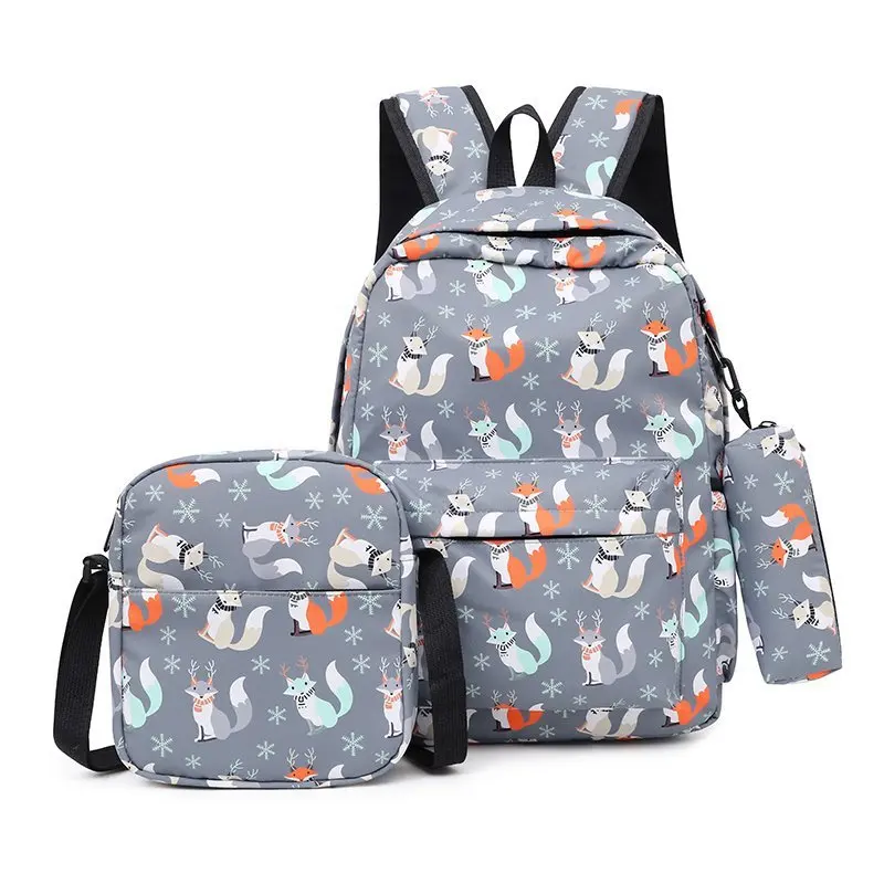 New Fashion Retro Printed Canvas backpack Backpack Female Student Three Piece Set