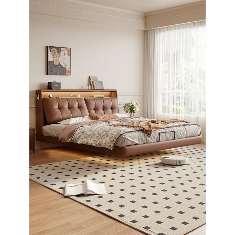 

Retro wind suspension bed master bedroom high-end atmosphere multi-functional light luxury minimalist leather art bed