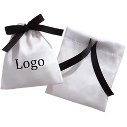 White Flannel Gift Bags Fake microfiber suede jewelry pouc with custom logo Makeup Packaging