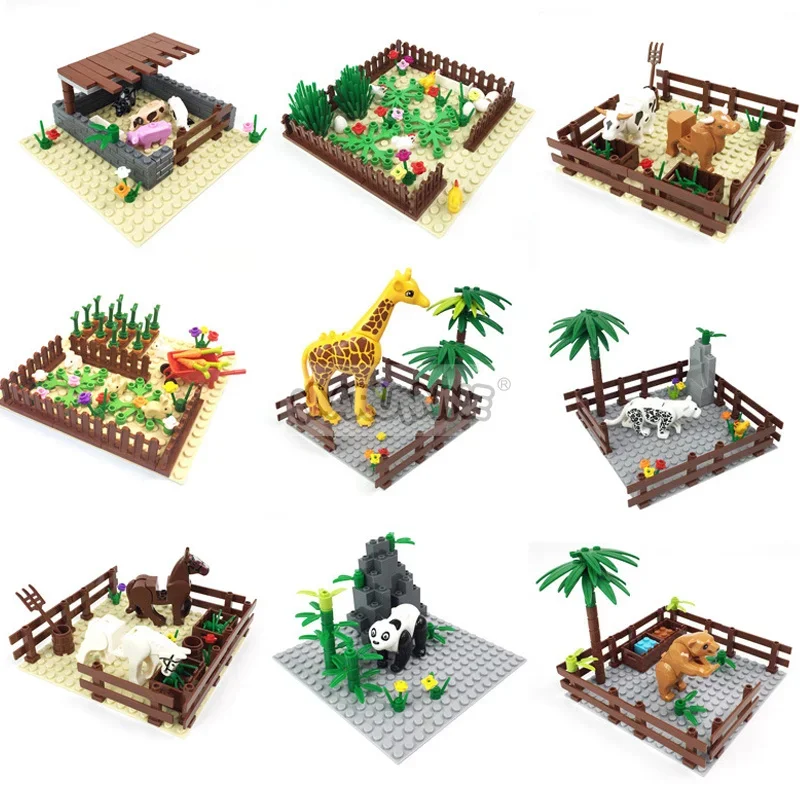 Marumine MOC Bricks Farm Animals Building Blocks Model Kit with Panda Chicken Cow Rabbit Trees Plant Construction Set Kids Toys