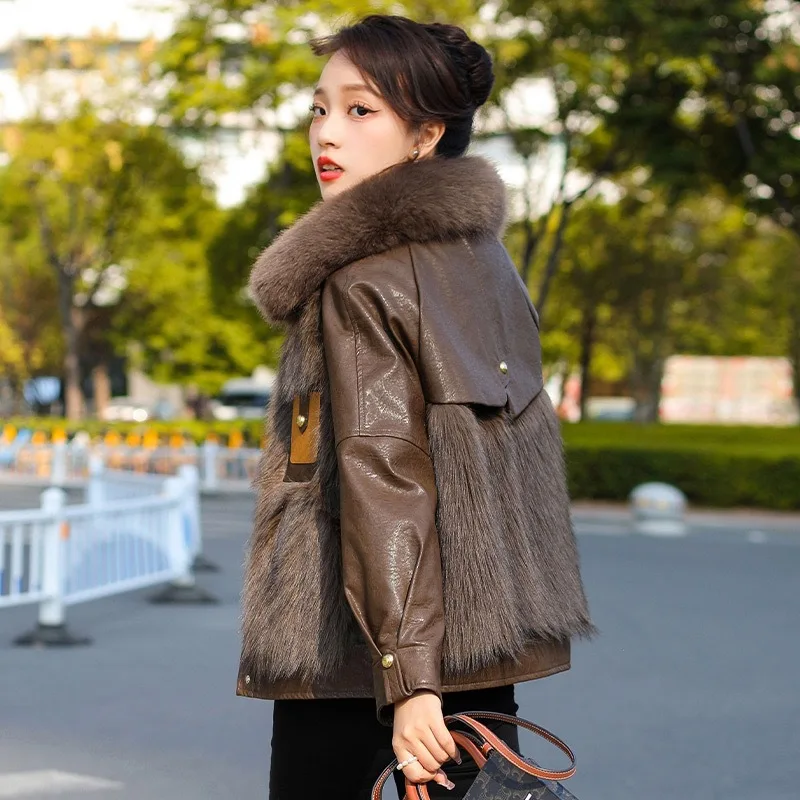 Women Faux Fur Leather Coats Thick Warm Coat Patchwork Single Breasted Jackets Full Sleeve Solid Casual Elegant Splice